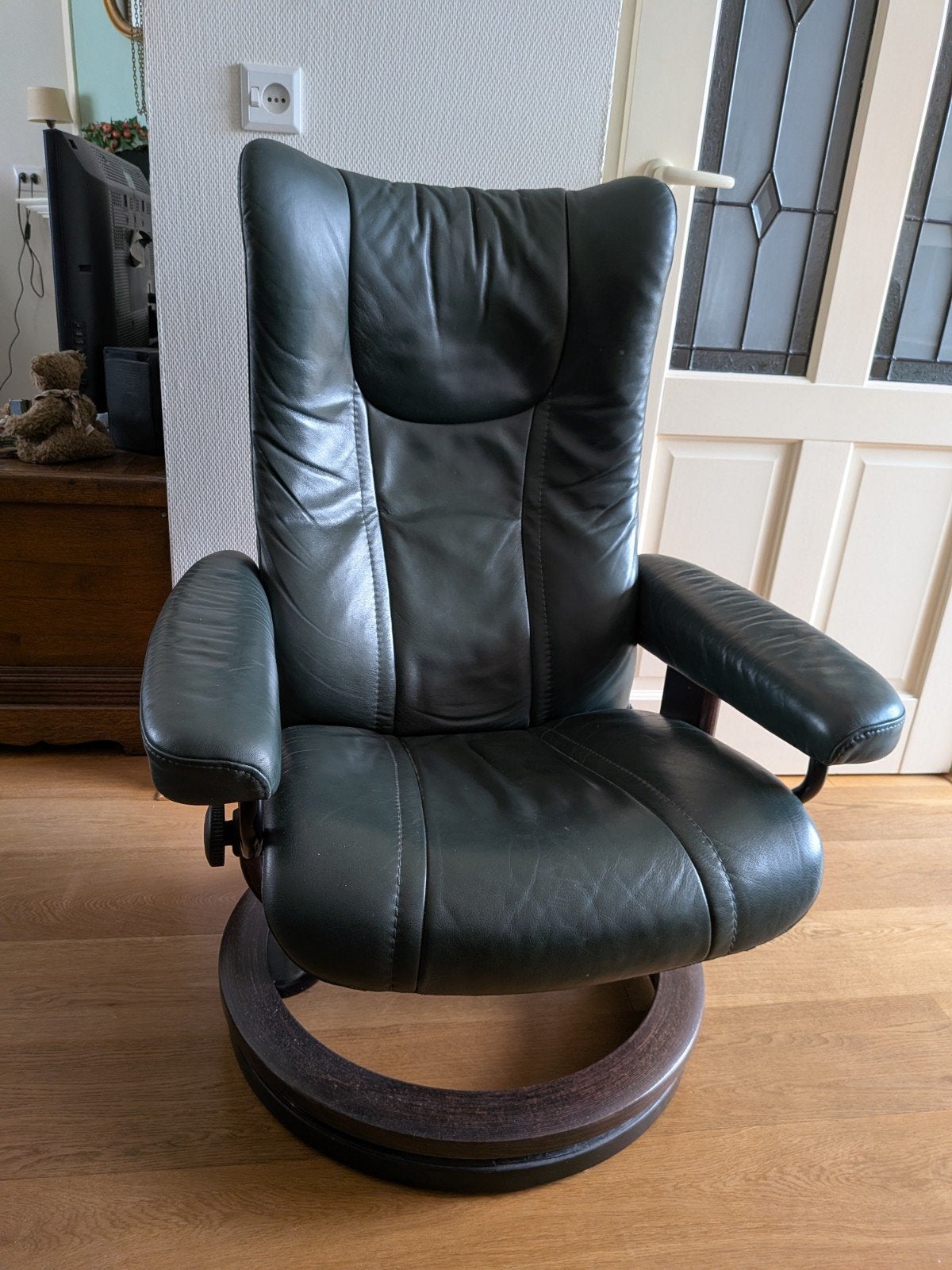 Stressless Relaxfauteuil Donkergroen Leer - Maat M, Ophalen, Gebruikt, 75 tot 100 cm, Modern, Ergonomisch