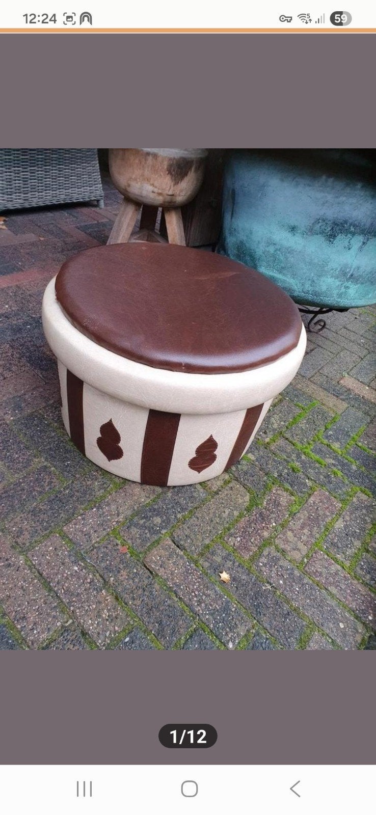 Retro poef/vintage opberg poef van sky leer, Ophalen, Overige materialen, Gebruikt, Rond