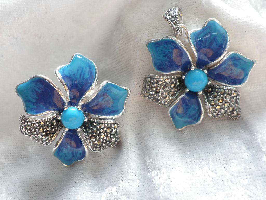 Prachtige Zilveren Set met Turkois en ge emailleerde blad, Sieraden, Tassen en Uiterlijk, Antieke sieraden, Verzenden, Zilver