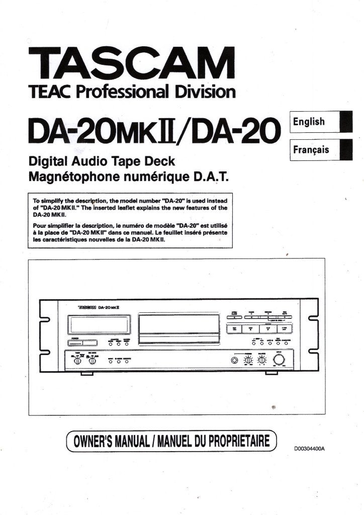 gebruiksaanwijzing TASCAM DA-20 MK2 -- DA-20 -  58 pagina,s, Ophalen of Verzenden, Nieuw