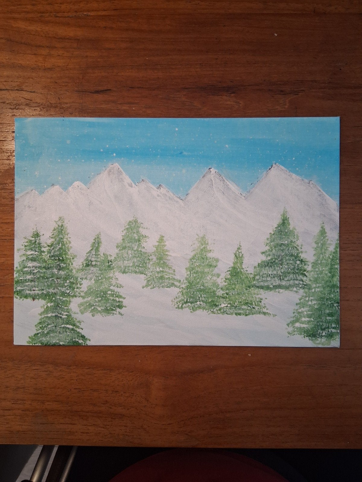 Schilderij besneeuwd berglandschap met dennenbomen, Acrylverf, Doek, Realistisch, Ophalen of Verzenden