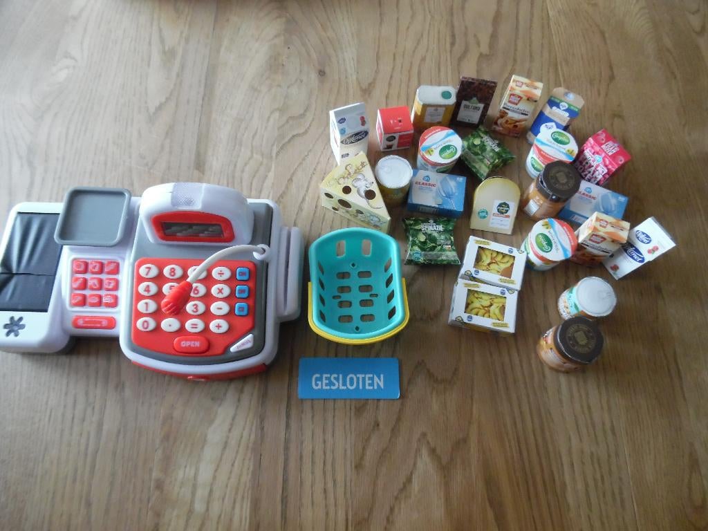 kinder kassa met muntjes weegschaal en levensmiddelen, Ophalen of Verzenden, Zo goed als nieuw, Knutselen, Met geluid