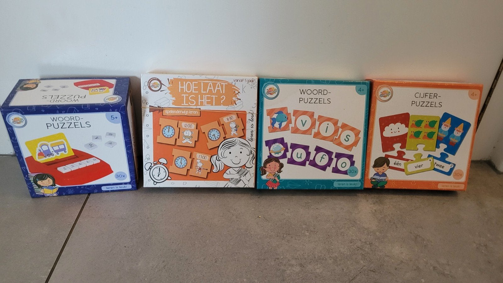 Leerspellen, puzzel, broodtrommel, schooltas, kattenmand, Ophalen, Gebruikt