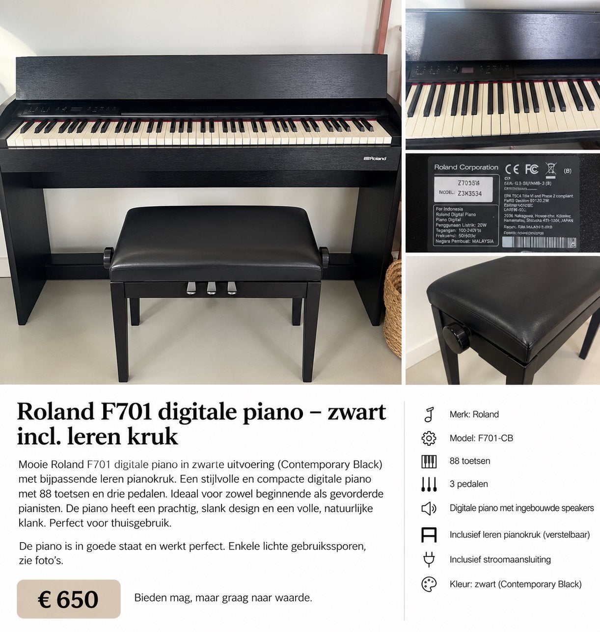 Roland F701 Digitale Piano Zwart incl. Leren Kruk, Muziek en Instrumenten, Ophalen, Gebruikt, Zwart, Digitaal