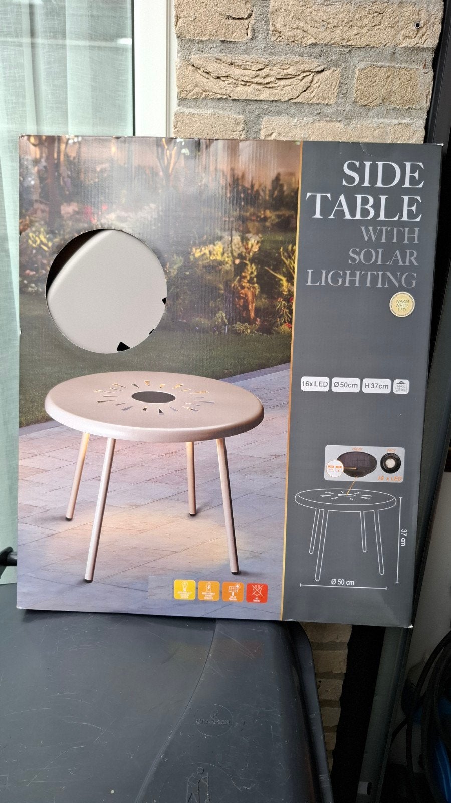 Tuin bijzettafel met solar verlichting zie foto's, Tuin en Terras, Ophalen, Nieuw, Rond, Metaal