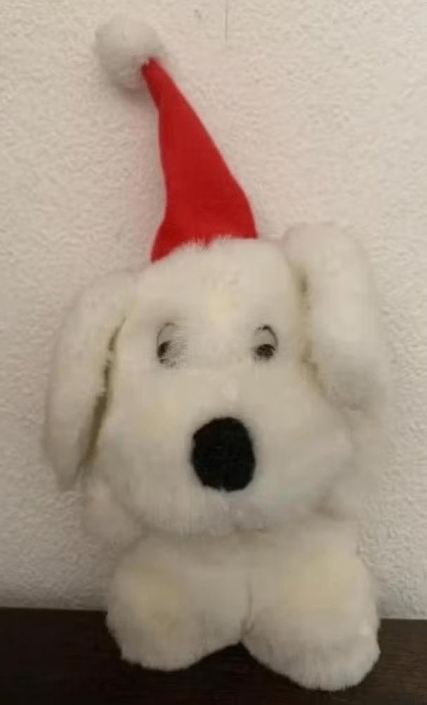 Wit hondje met kerstmuts, kersthondje van 14 cm lang, Ophalen of Verzenden, Zo goed als nieuw, Hond