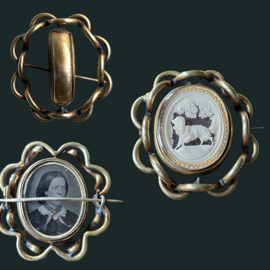 Mourning Rouw broche draaibare Antieke 1860 Victoriaans foto, Verzenden, Overige materialen, Broche, Verguld