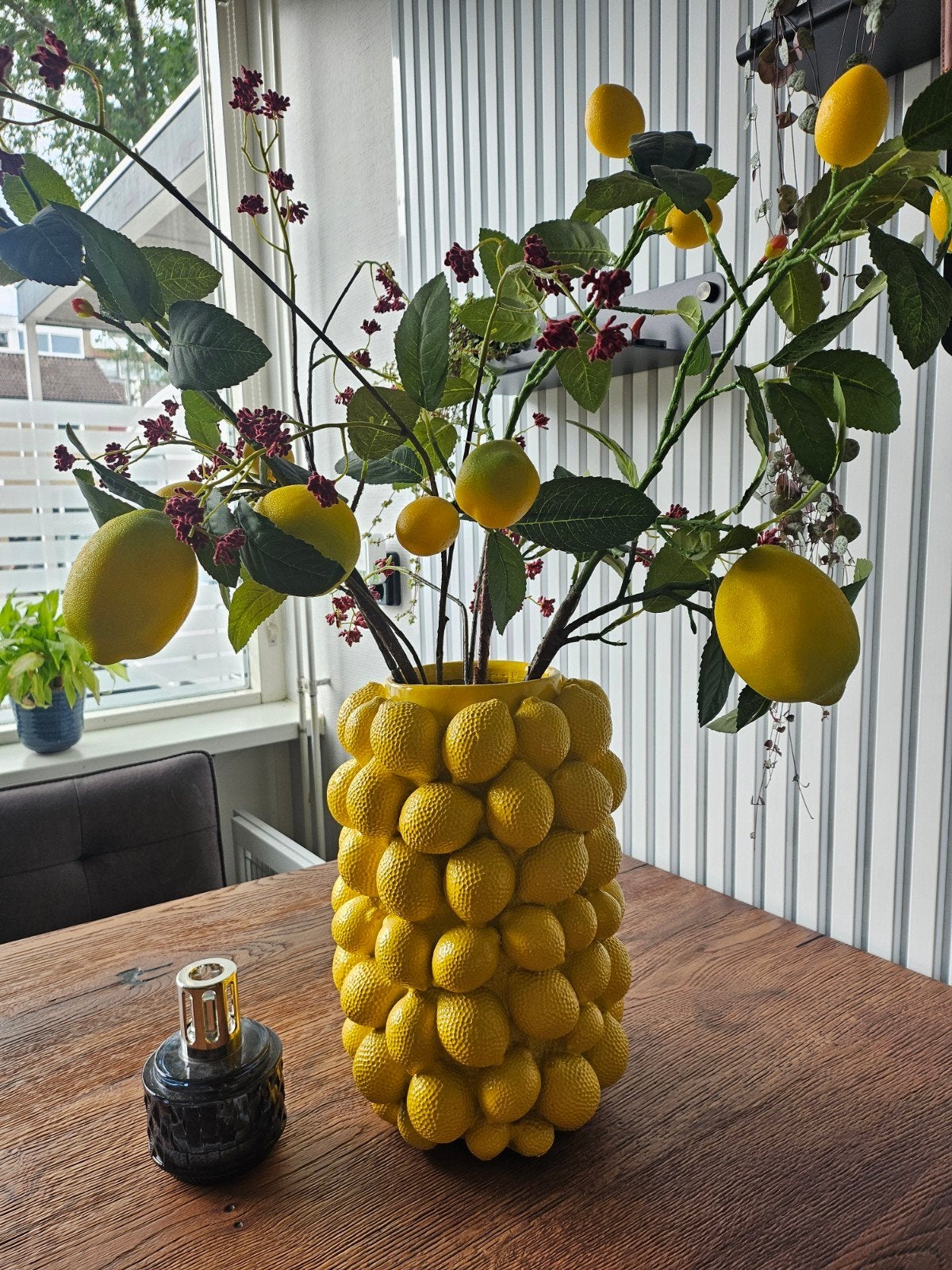 Gele vaas met citroenmotief - Unieke decoratie, Ophalen, Overige materialen, Met patroon/structuur, Geel