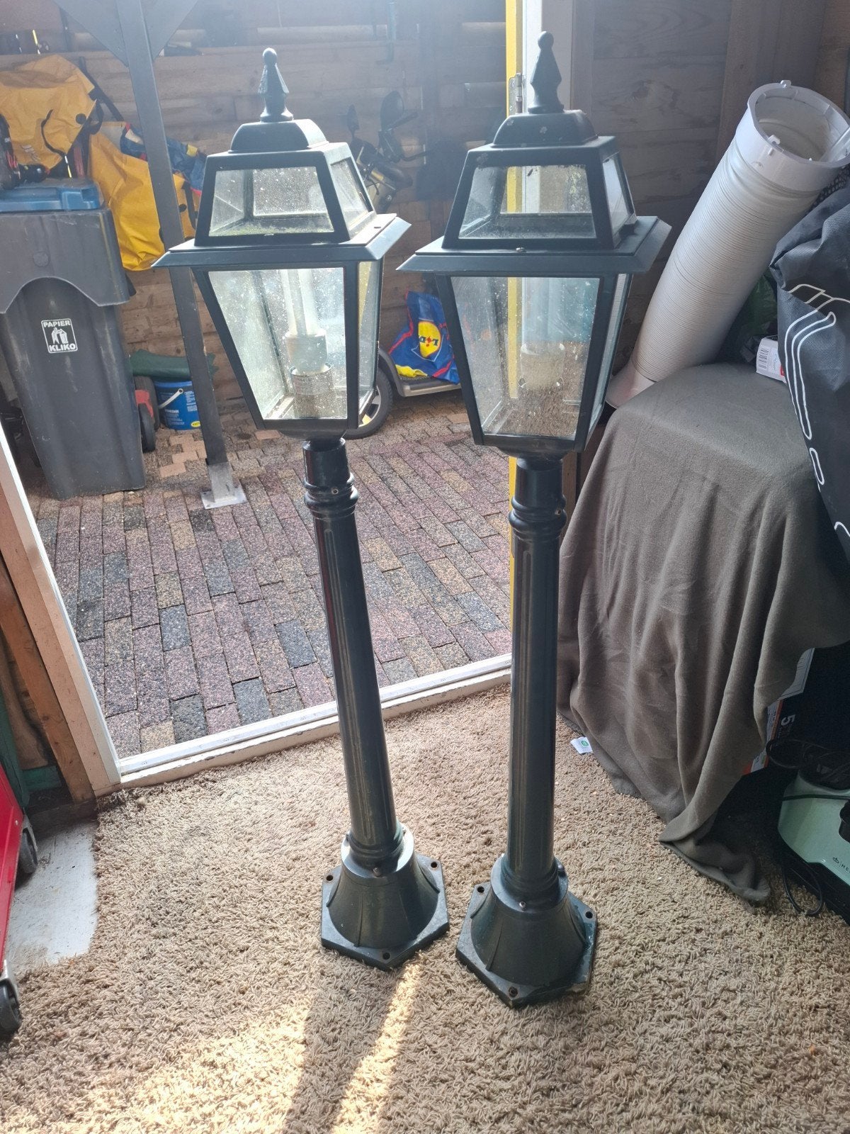 Set van 2 klassieke staande buitenlampen metaal groen, Gebruikt, Minder dan 50 watt, Staande lamp, Ophalen of Verzenden