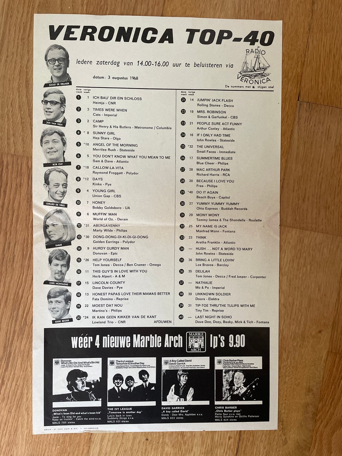 Veronica Top-40 Radio Lijst 3 Augustus 1968, Gebruikt, Pop, Overige formaten, Ophalen of Verzenden