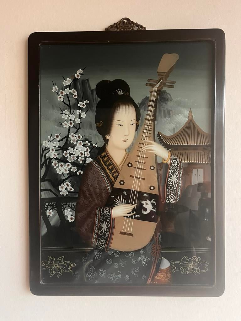 Chinese ‘achterglas’ eglomisé schilderij vintage, Antiek en Kunst, Ophalen