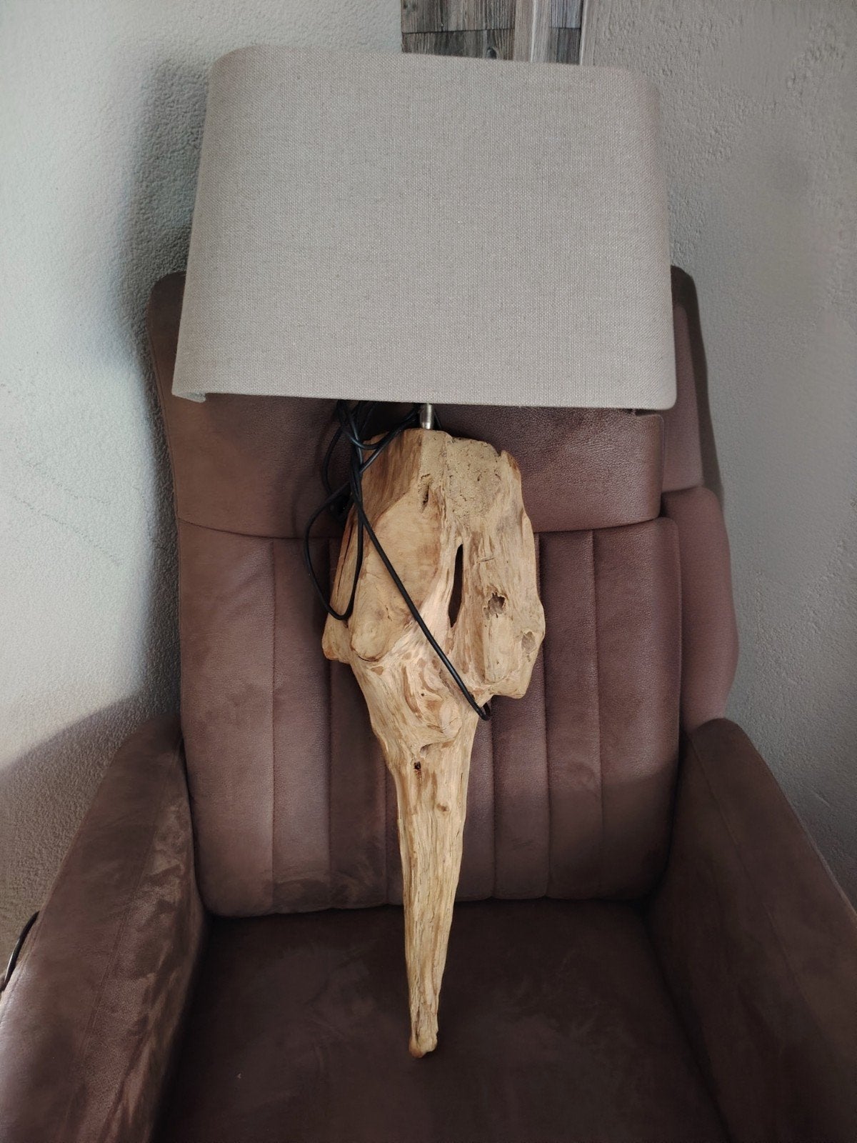 Unieke houten wandlamp met linnen kap, Ophalen, Gebruikt, Bruin, Overige fittingen
