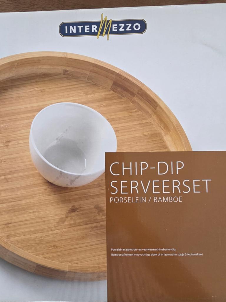 Chip-Dip Serveerset Porselein/Bamboe - Nieuw in Doos, Overige typen, Hout, Nieuw, Ophalen of Verzenden