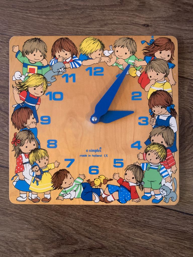 Vintage Simplex houten Kinderklok klok hout 25x25cm, Ophalen of Verzenden, Gebruikt