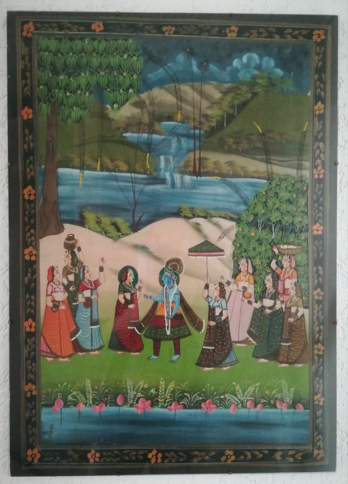 Oud Indiaas Schilderij op doek - 70x50 cm, Ophalen, Meerkleurig, Schilderij, Textiel