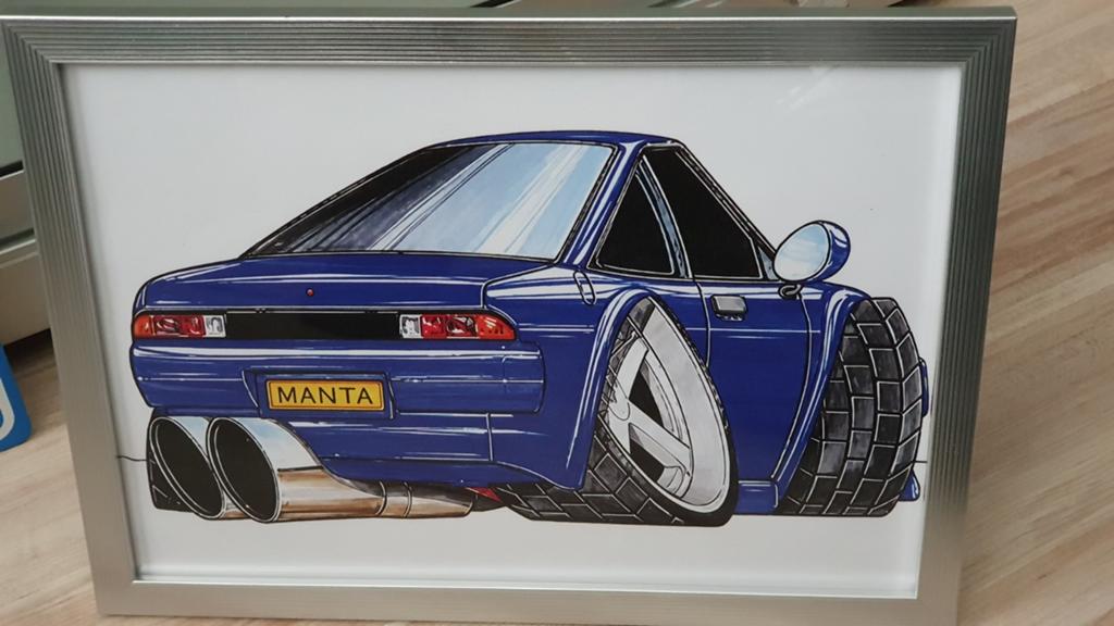 Opel Manta B Cartoon Tekening A4 met Lijst, Antiek en Kunst, Ophalen of Verzenden