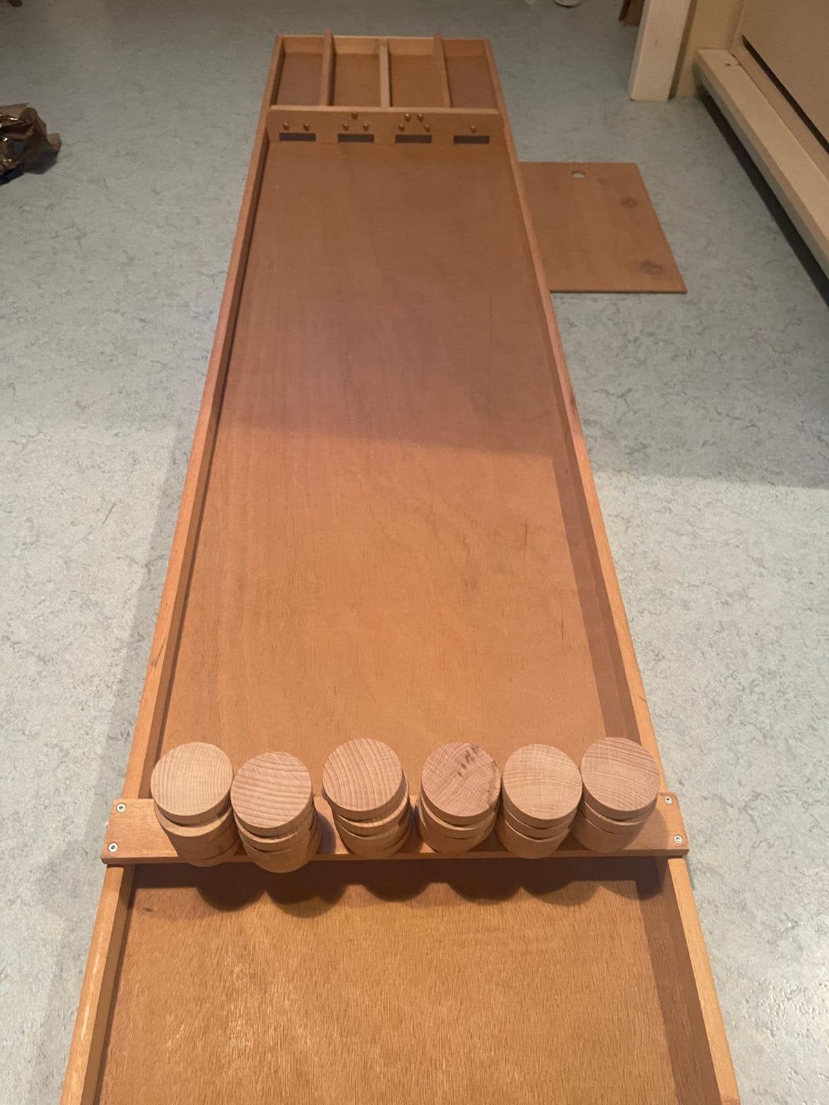 Houten Sjoelbak met 30 sjoelschijven 200 x 40 cm, Ophalen, Zo goed als nieuw