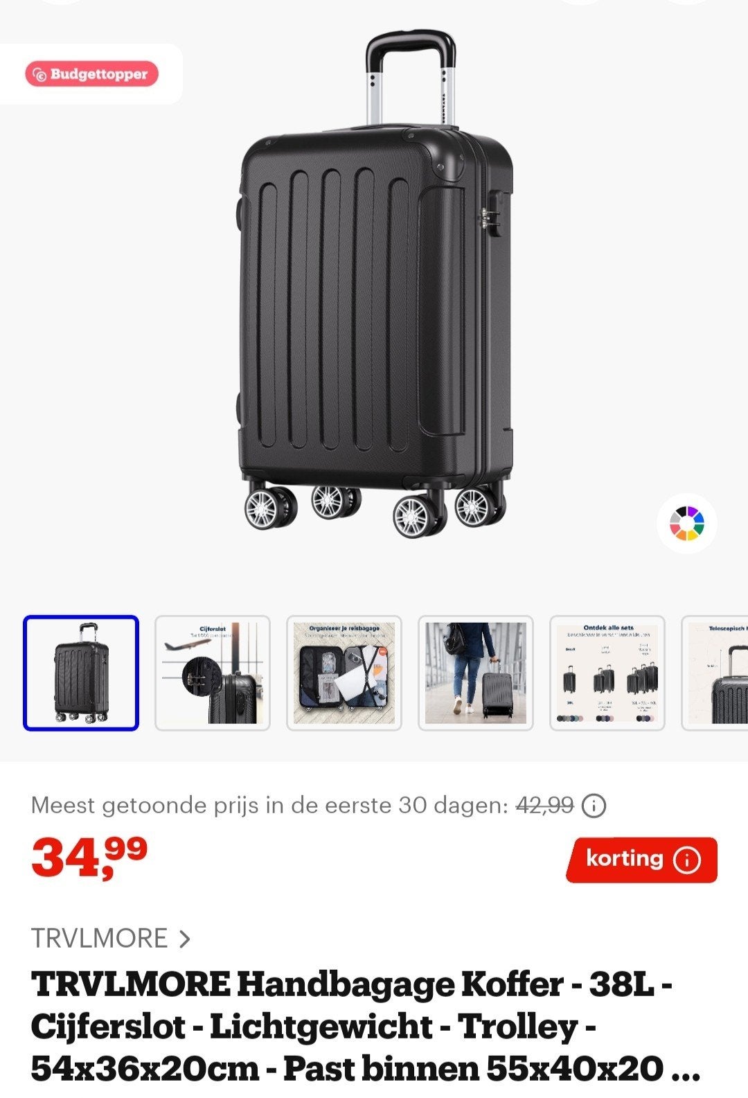 Gloednieuwe TRVLMORE Handbagage Koffer - 38L - Zwart, Wieltjes, 50 tot 60 cm, Hard kunststof, Nieuw