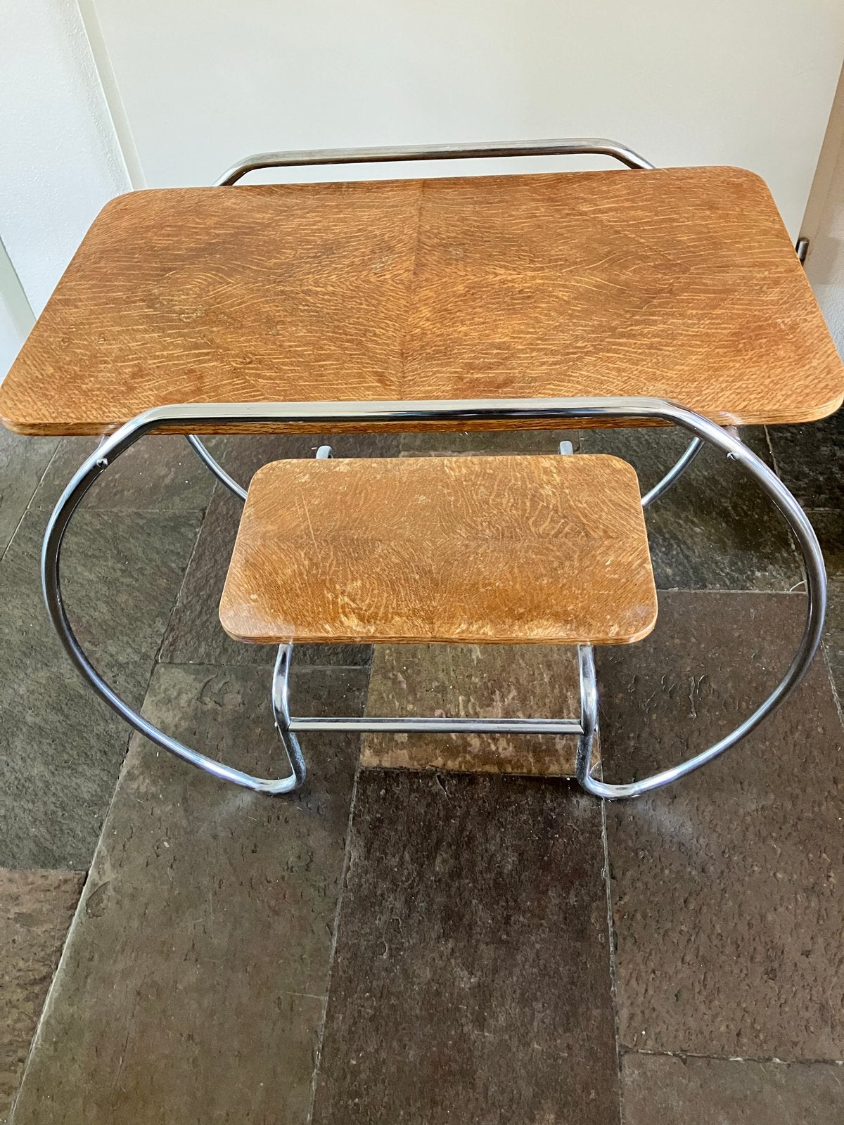 Bauhaus Vintage Art Deco bijzettafel met chroom en hout, Ophalen of Verzenden