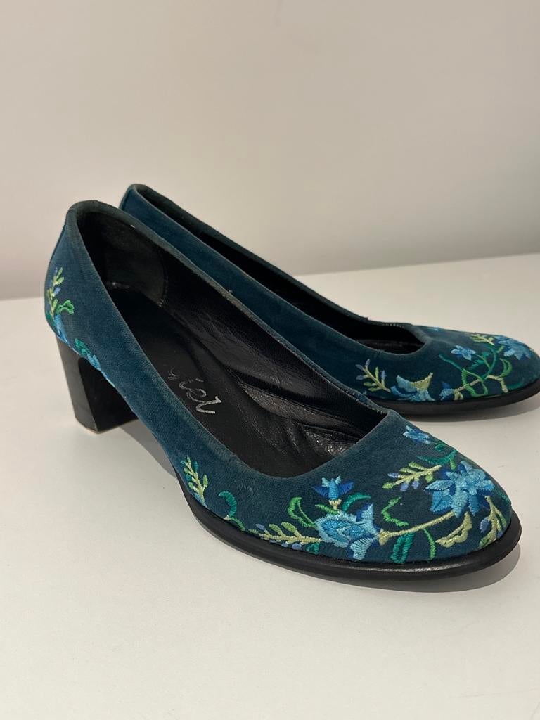 Pumps Lien&Giel petrol met geborduurde bloemen, Ophalen, Gedragen, Blauw, Pumps