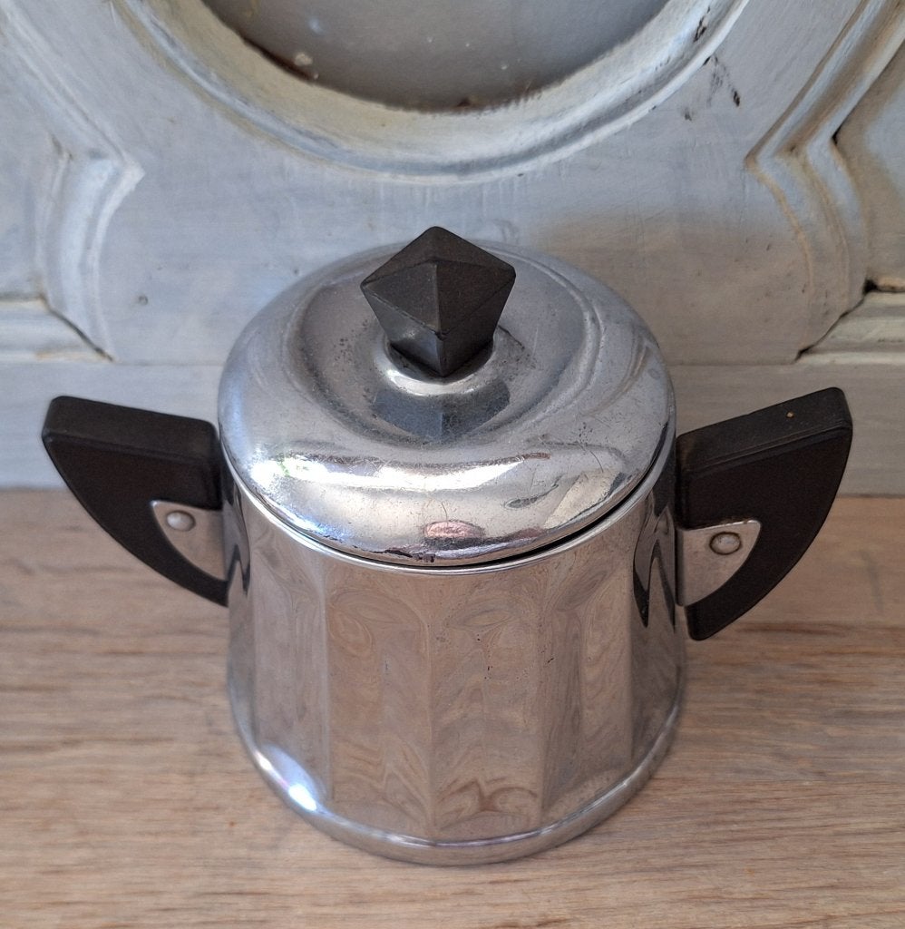 Vintage aluminium suikerpot met bakelieten handvatten, Ophalen of Verzenden