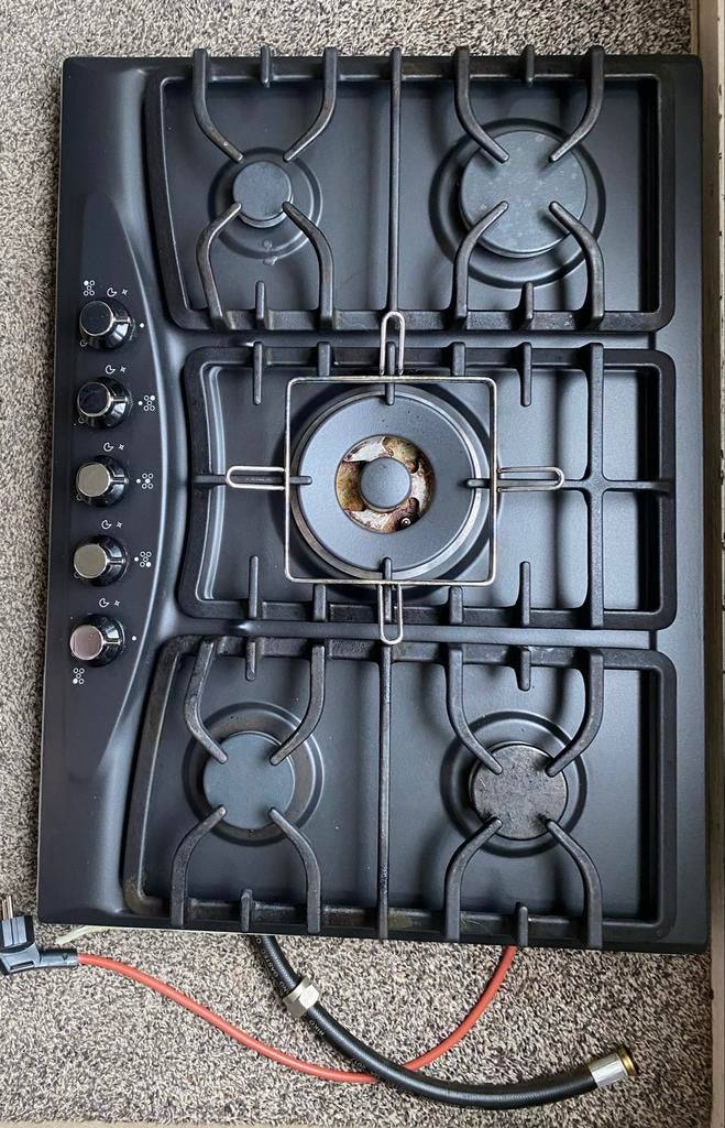 Zwart 4-pits gasfornuis met wokbrander, Gebruikt, Inbouw, Gas, 4 kookzones