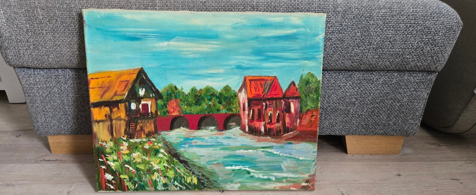 Schilderij van Henk Vos - Landschap met water en huizen, Antiek en Kunst, Kunst | Schilderijen | Klassiek, Doek, Expressionistisch