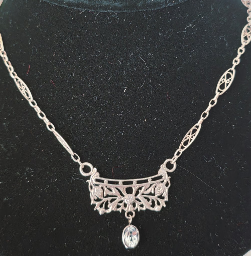 19eeuw zilveren collier met diamanten en aquamarijn 1,30kt, Ophalen of Verzenden, Zilver, Ketting, Met edelsteen