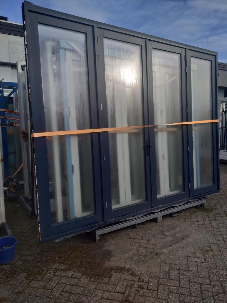 Hoog kozijn haardhout met dubbele tuindeuren en zijlichten, Ophalen of Verzenden, Glas, 120 cm of meer, 215 cm of meer