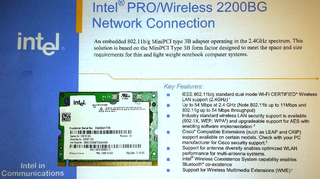 Intel PRO/Wireless 2200BG Mini PCI 2.4Ghz PCI netwerkkaart, Ophalen of Verzenden, Zo goed als nieuw, Intern, Intel