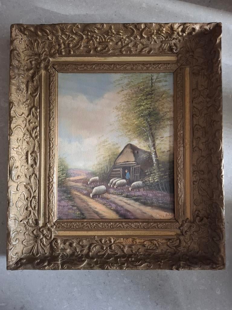 Oud schilderij met schapen en boerderij, Ophalen of Verzenden