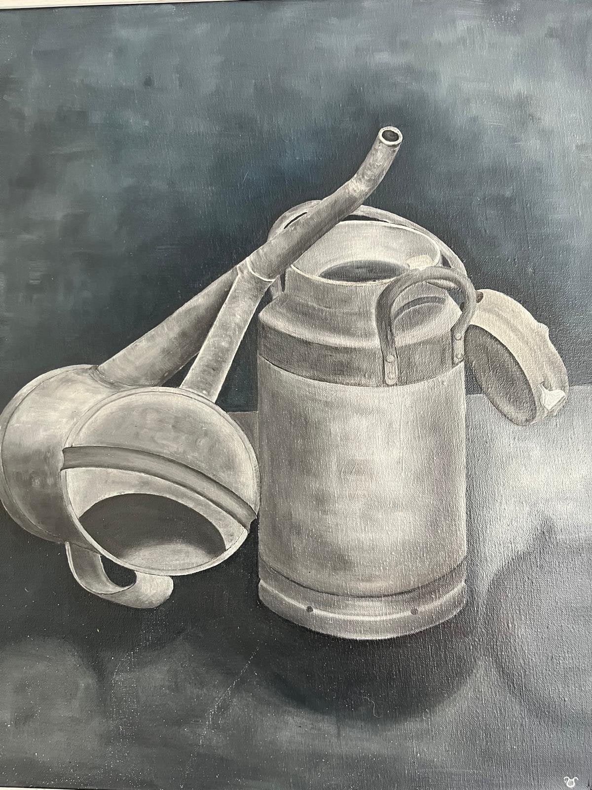 Olieverf schilderij stilleven met gieter en melkbus, Ophalen