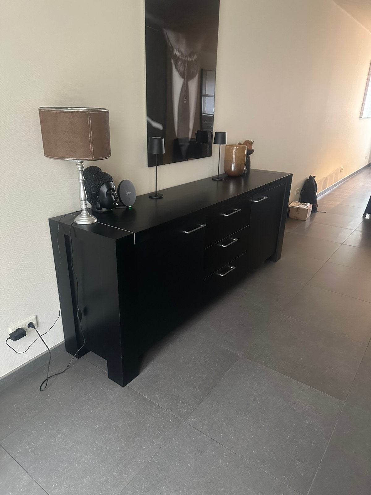 Zwart dressoir met laden en deuren, Huis en Inrichting, Ophalen of Verzenden, Gebruikt, 25 tot 50 cm