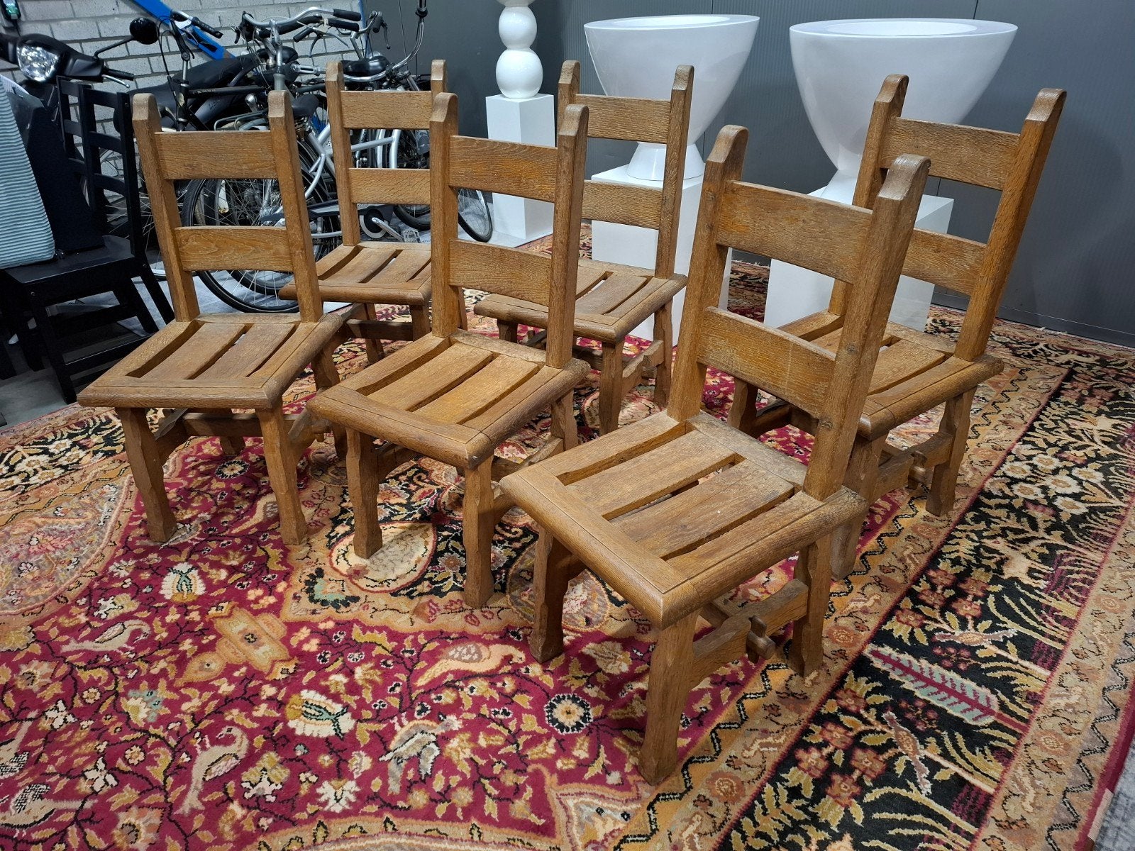 Vintage brutalist Eiken stoelen unieke 6 delige set! Zie oms, Ophalen, Gebruikt, Bruin, Vijf, Zes of meer stoelen