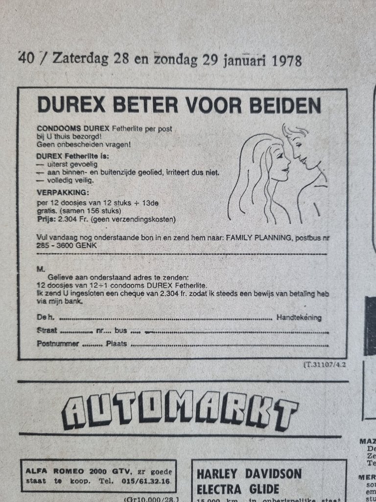 Advertentie voor Durex condooms (1978), Ophalen of Verzenden, 1960 tot 1980, Knipsel(s)