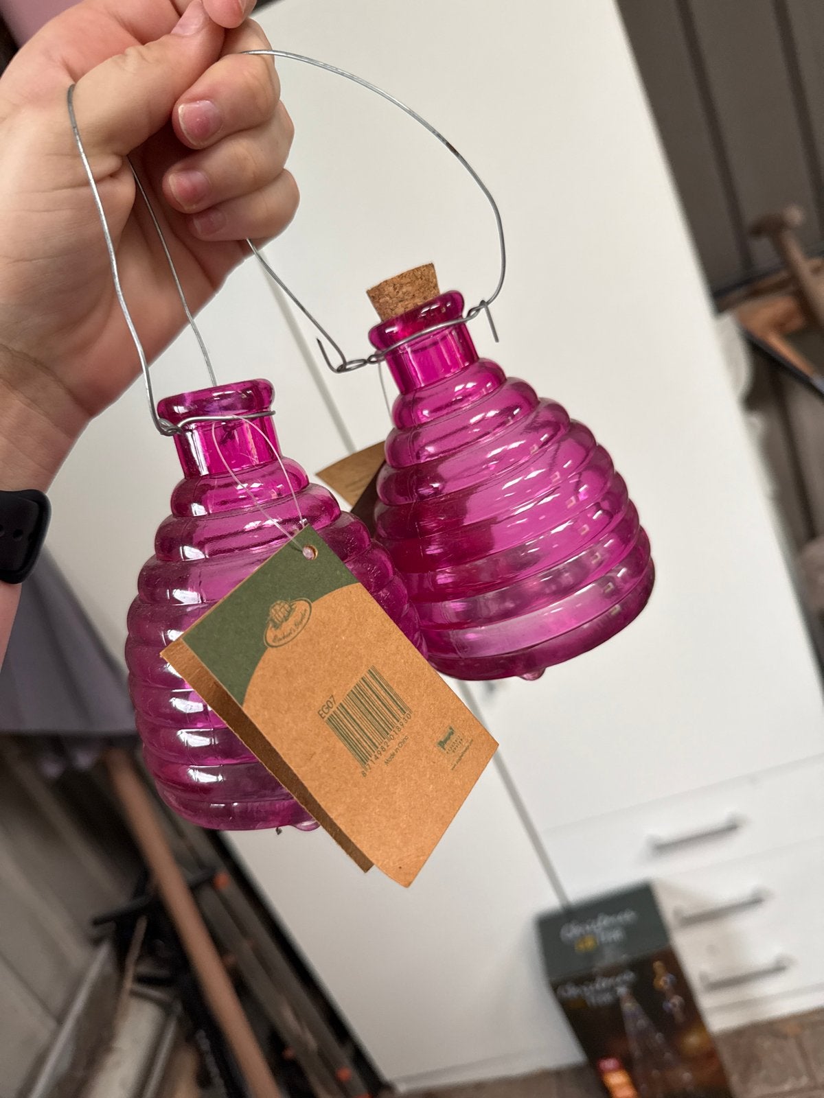Set van 2 roze glazen lantaarns met kurk en draad, Ophalen, Nieuw, Roze, Glas