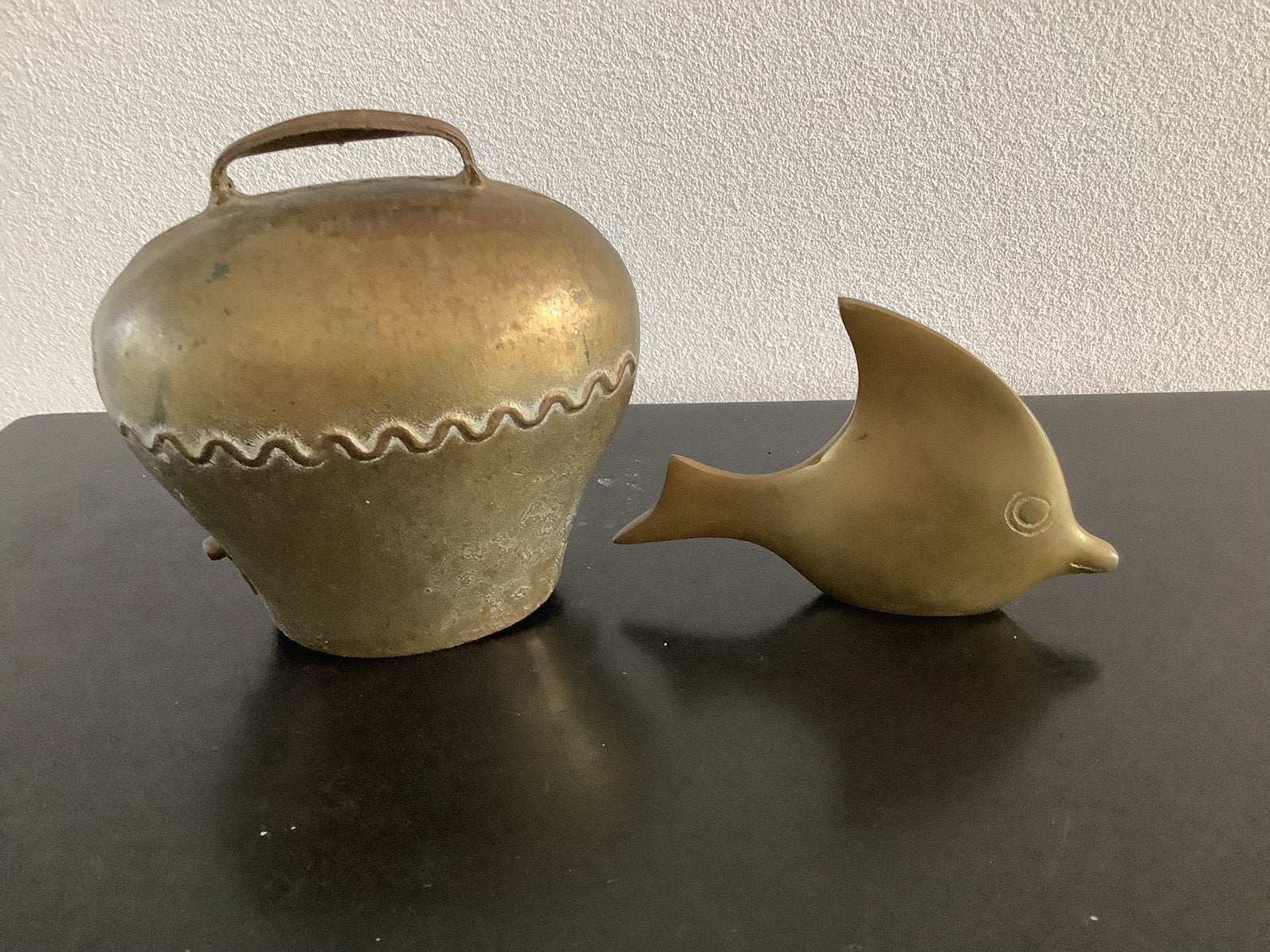 Antieke koperen koebel en koperen vis, Ophalen of Verzenden