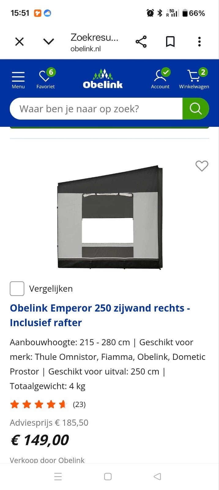 Zijwand Obelink Emperor rechts, Caravans en Kamperen, Ophalen, Nieuw