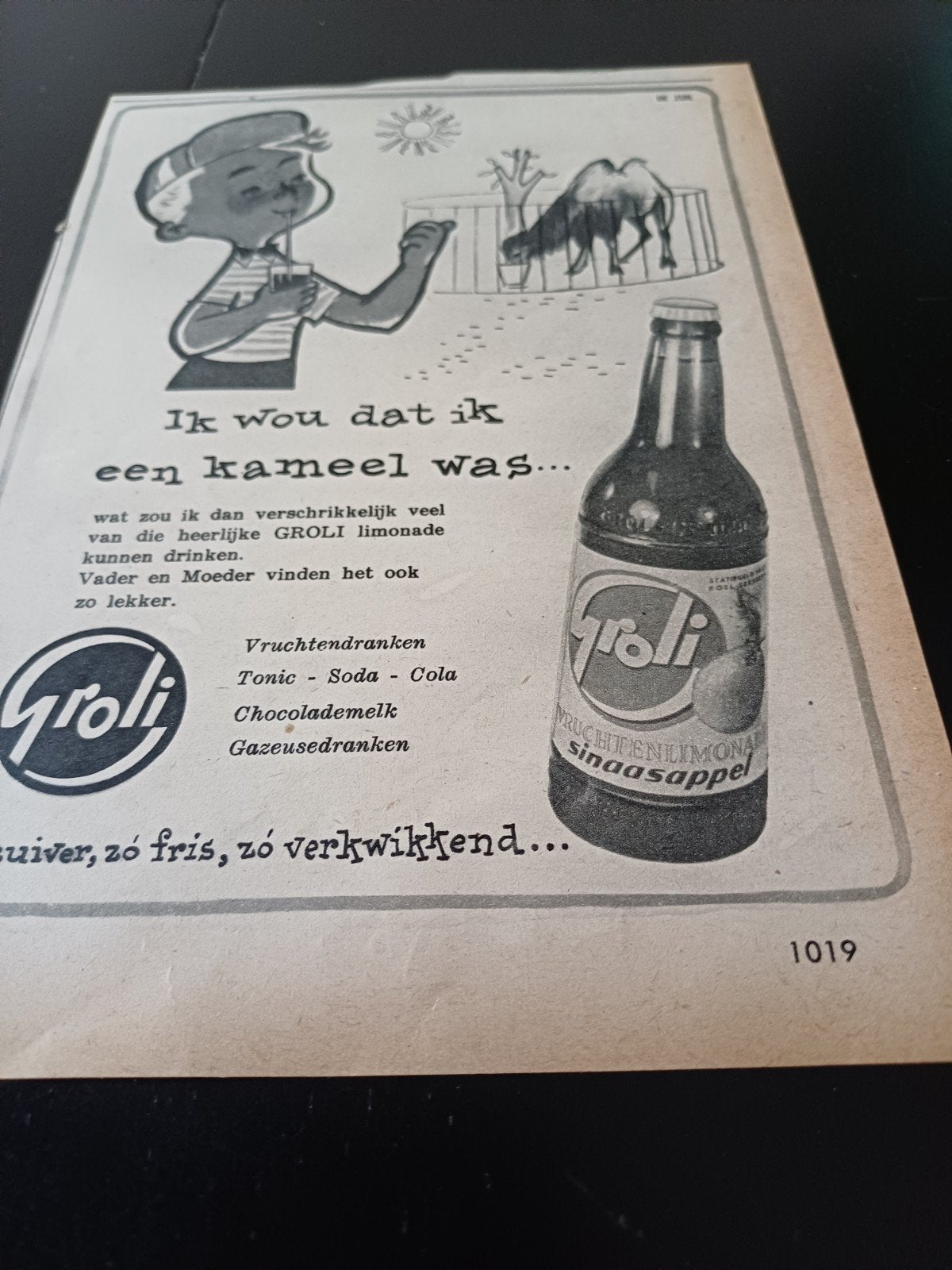 advertentie Groli vruchtenlimonade kameel 1955, Ophalen of Verzenden, Zo goed als nieuw, Overige typen