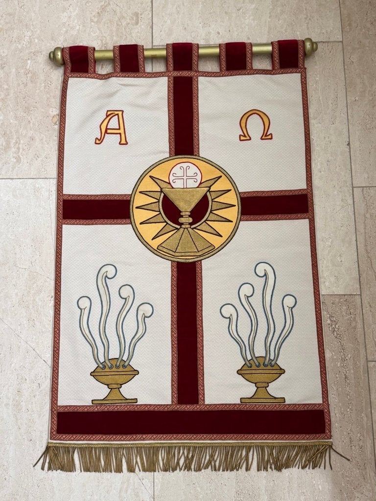 Antiek liturgisch kerkbanier ca. 1920–1930 – kelk Alfa Omega, Ophalen of Verzenden