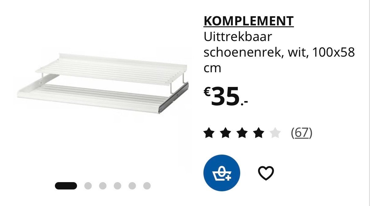 IKEA KOMPLEMENT Uittrekbaar schoenenrek wit 75cmx58 cm, Ophalen, Nieuw