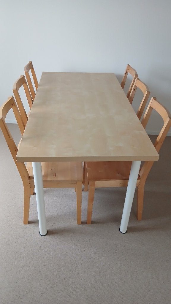 tafel met 6 stoelen, Huis en Inrichting, Tafels | Eettafels, Ophalen, Gebruikt, 100 tot 150 cm, Houtkleur blad met witte poten