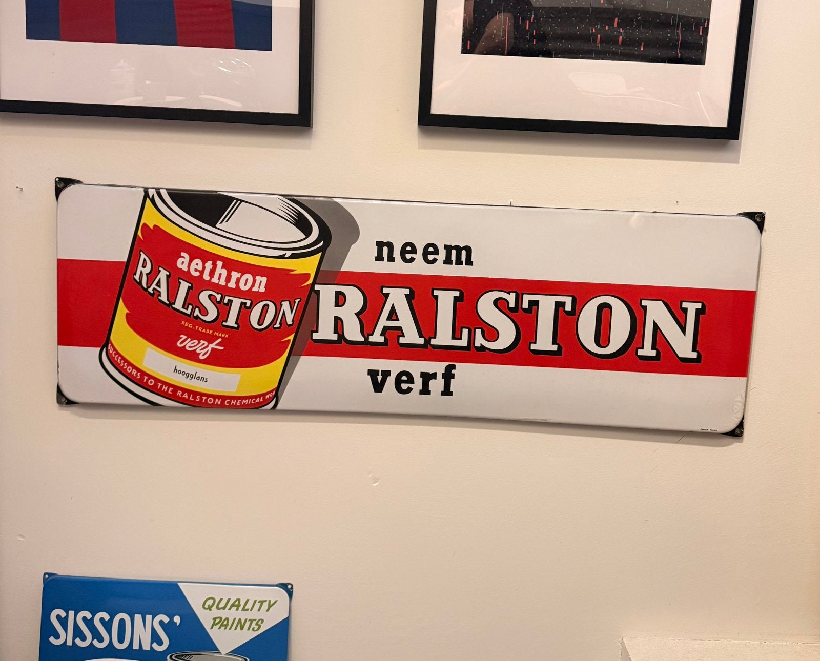 Groot emaille reclamebord Ralston verf reclame bord langcat, Verzamelen, Ophalen, Gebruikt, Reclamebord