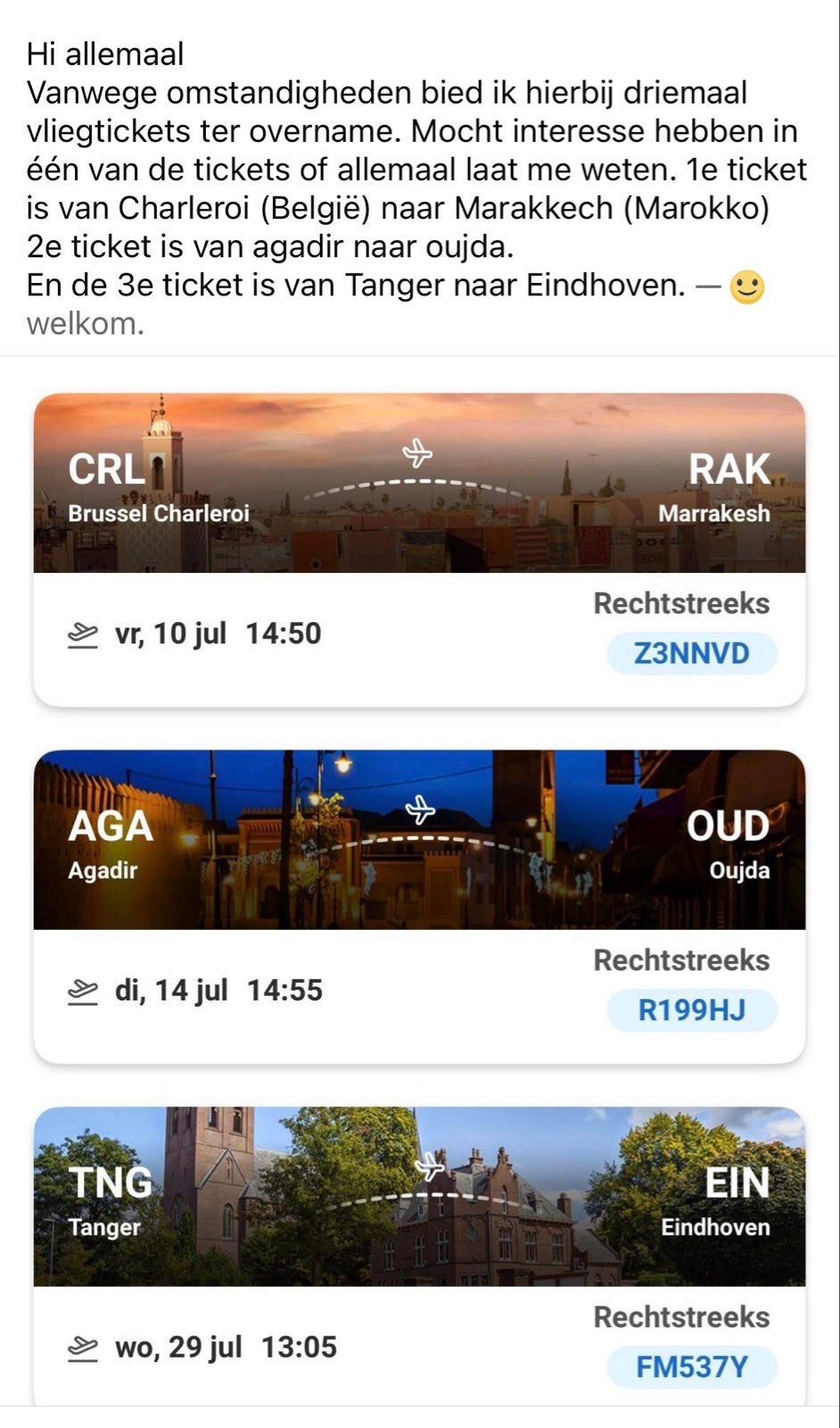 Vliegtickets naar Marokko aangeboden ter overname, Tickets en Kaartjes, Eén persoon, Vliegtuig, Met bestemming of datum