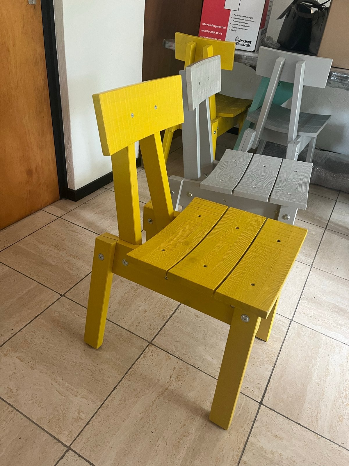 6 unieke Piet Hein Eek IKEA Industriell stoelen (geel/grijs), Ophalen, Overige kleuren, Zo goed als nieuw, Vijf, Zes of meer stoelen