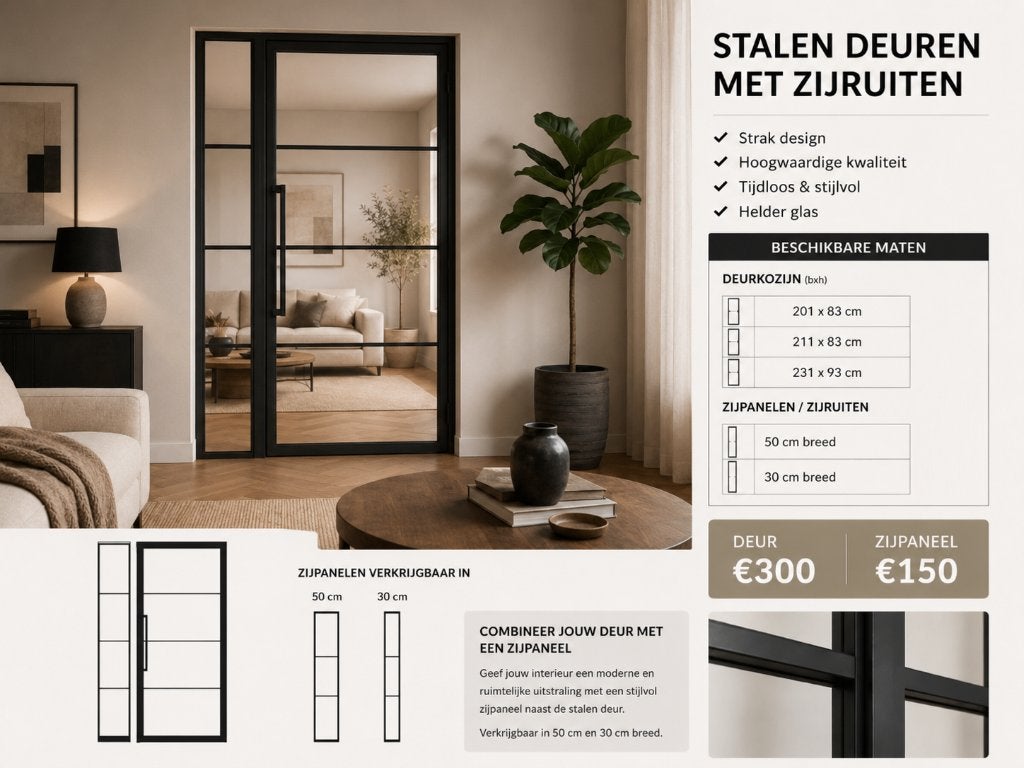 Stalen deur met helder glas en zijraam – vanaf €300, 215 cm of meer, Binnendeur, Nieuw, Ophalen of Verzenden