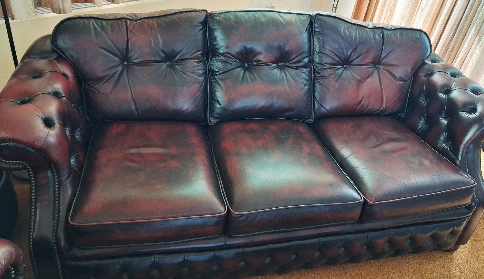 Originele Chesterfield 3-zitsbank van leer, Ophalen, Gebruikt, Chesterfield, Driepersoons
