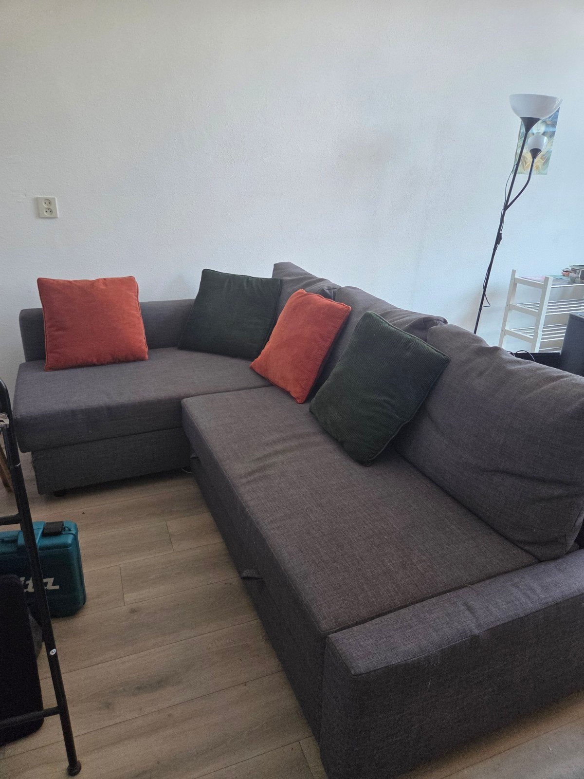 Grijze hoekbank met opbergruimte en slaapfunctie, Ophalen, Gebruikt, 100 tot 125 cm, Hoekbank