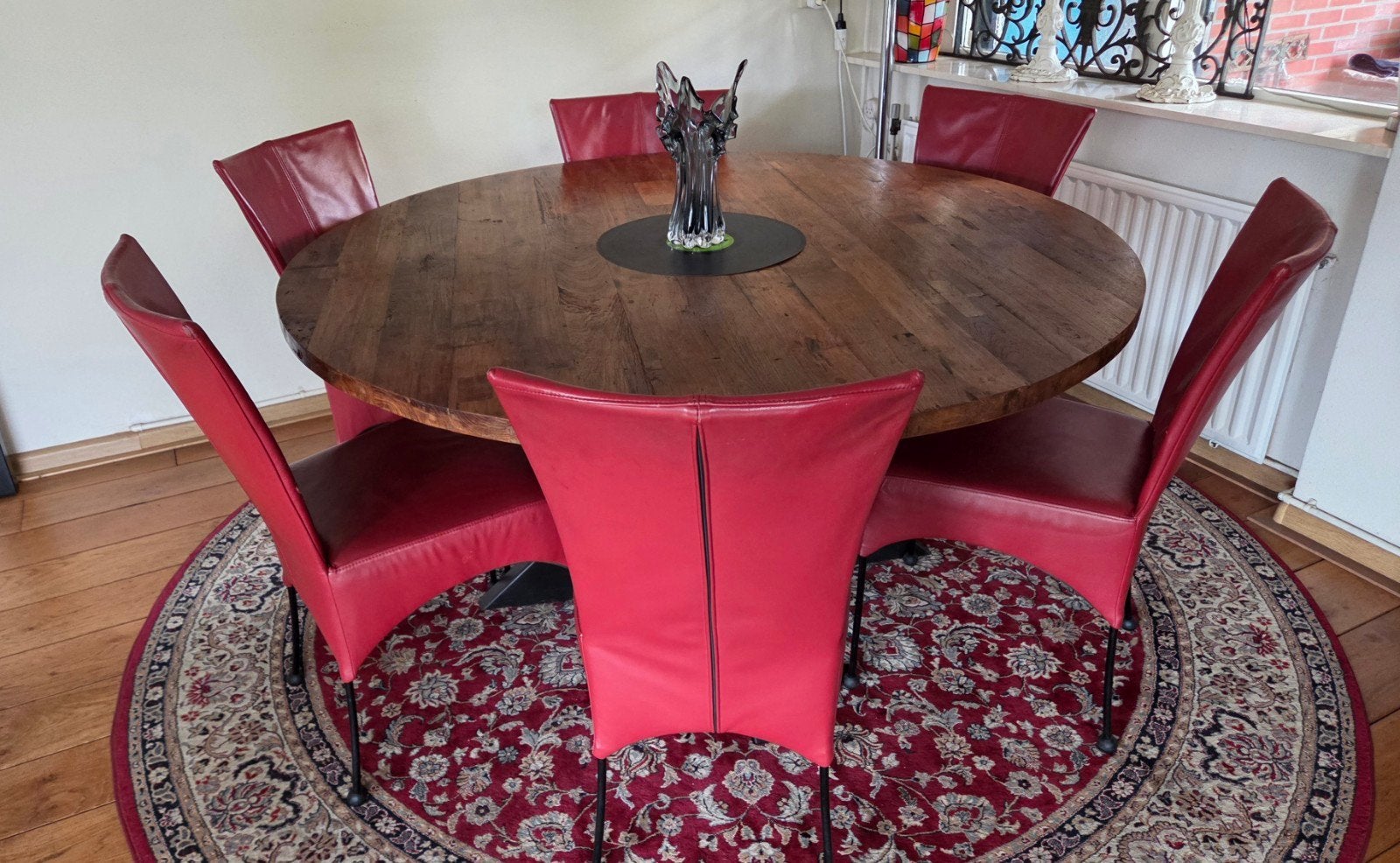 6 stevige rode stoelen met gebruikssporen, Gebruikt, Ophalen of Verzenden, Vijf, Zes of meer stoelen, Leer