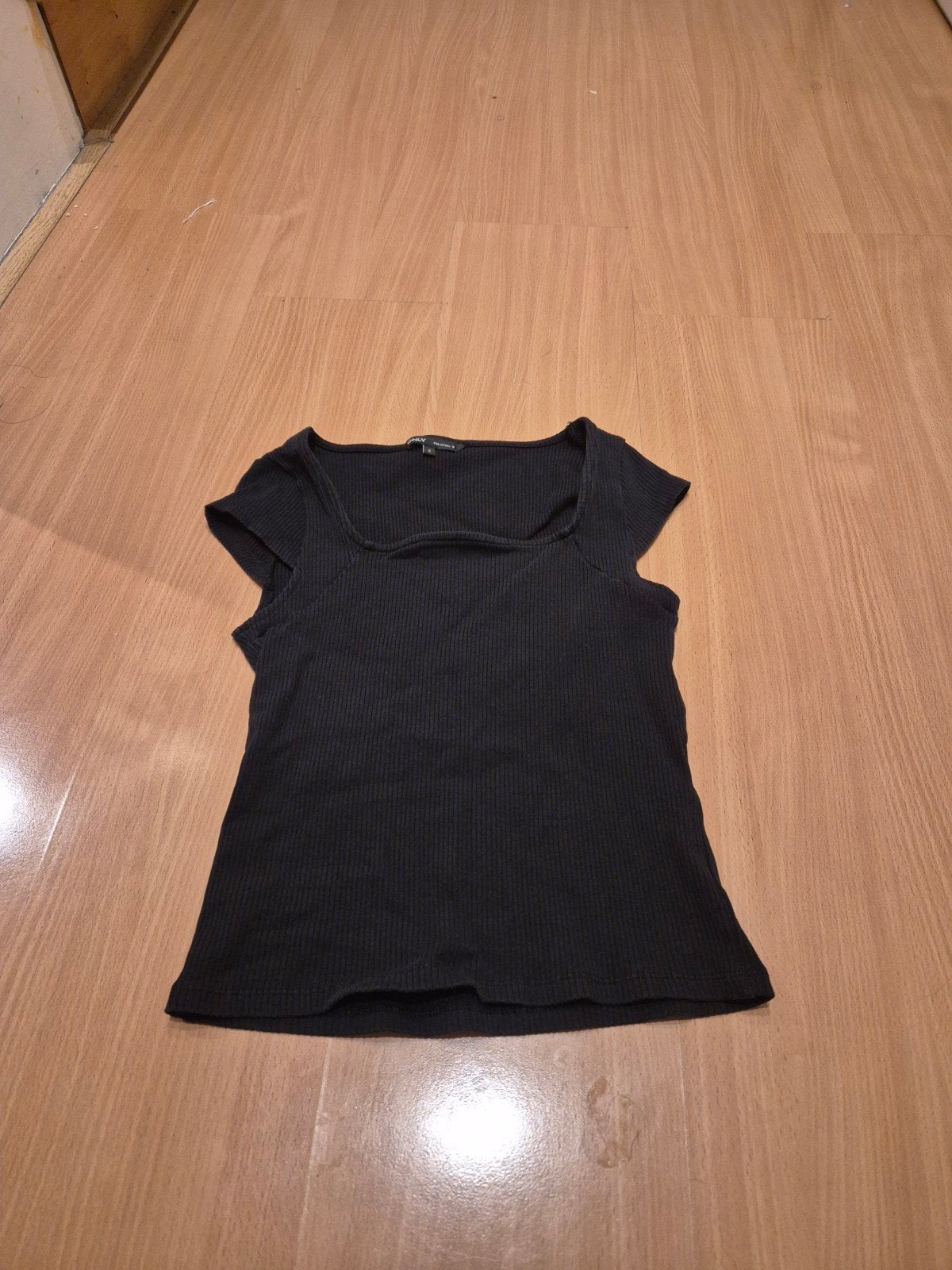 Zwart ribgebreid shirt met vierkante hals (Maat S), Zwart, Ophalen of Verzenden, Zo goed als nieuw, Korte mouw